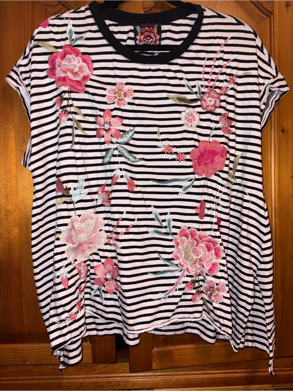 Johnny Was XL Black & White Striped Short Sleeve Tee with Pink Floral Embroidery